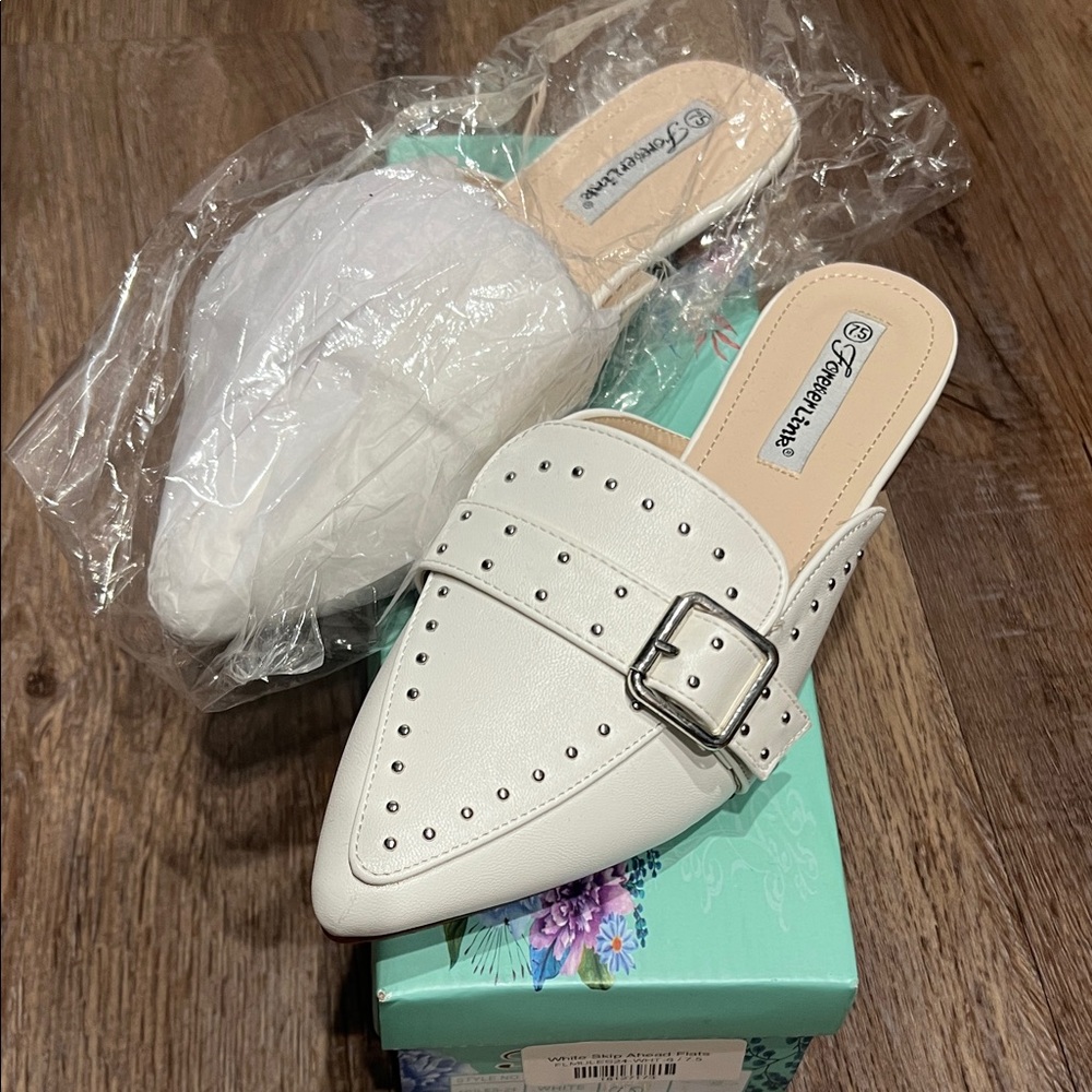 Forever Link White Studded Buckle Mules